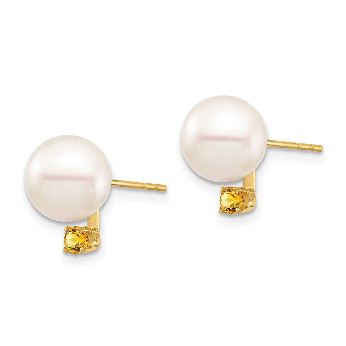 14k Yellow Gold Stud Earrings with White Cultured Pearl and Citrine, Classic Womens Jewelry