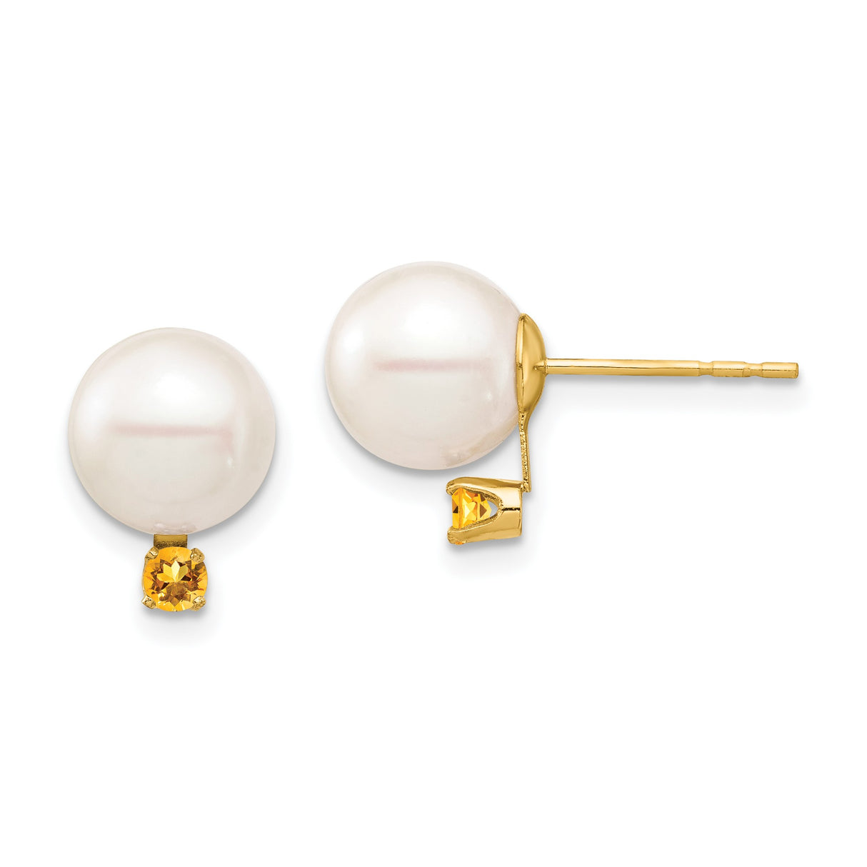 14k Yellow Gold Stud Earrings with White Cultured Pearl and Citrine, Classic Womens Jewelry