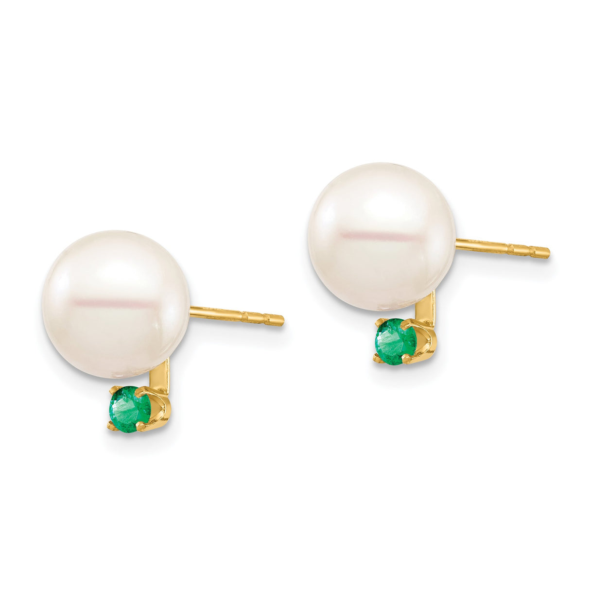 14k Yellow Gold Stud Earrings with White Cultured Pearls and Emerald Accents