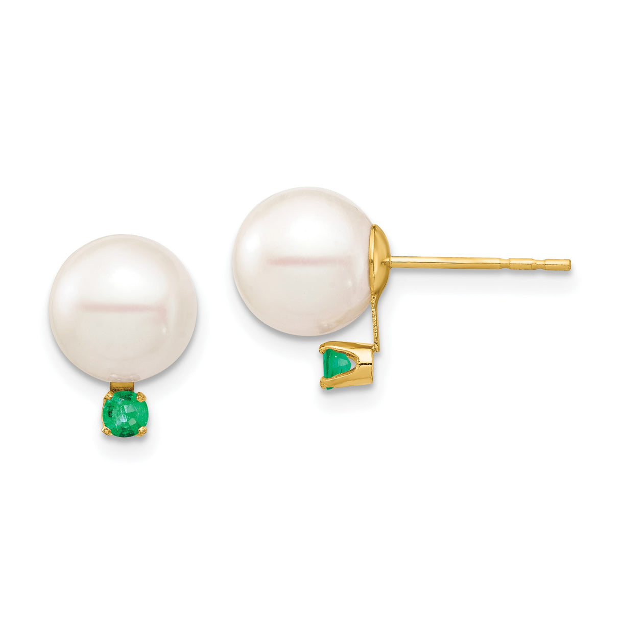14k Yellow Gold Stud Earrings with White Cultured Pearls and Emerald Accents