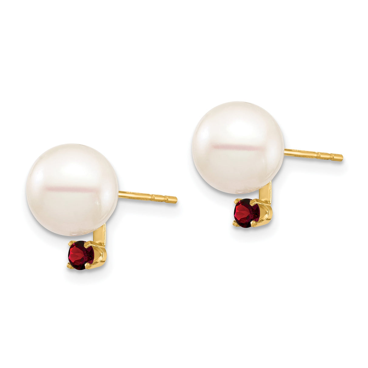 14k Yellow Gold Stud Earrings with White Pearls and Garnet Accents, Classic Fine Jewelry for Women