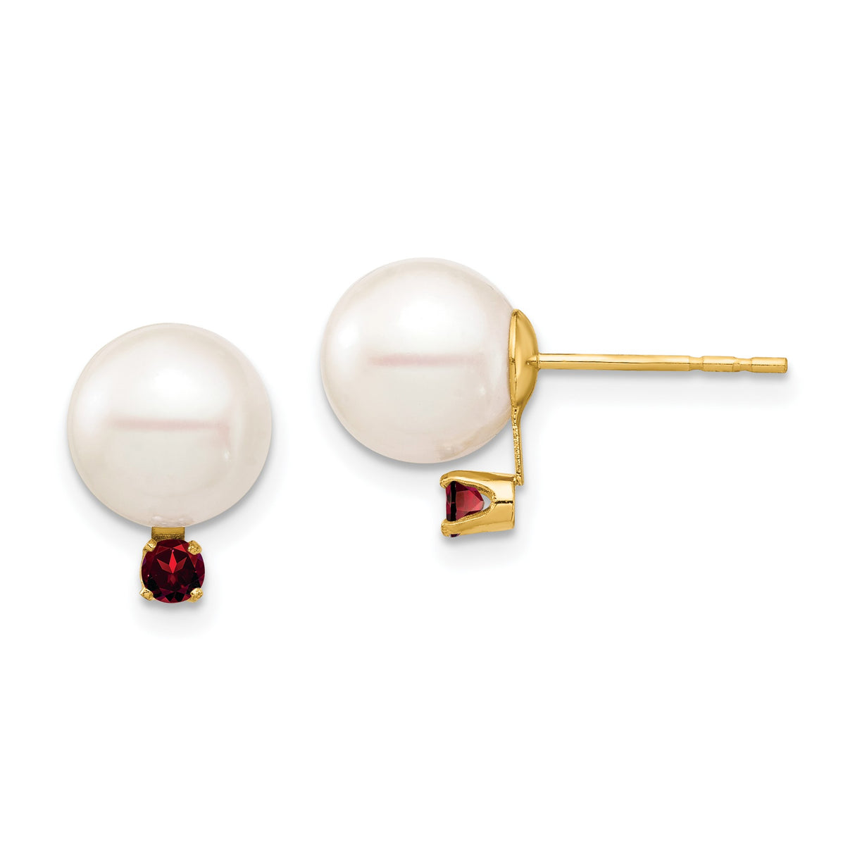 14k Yellow Gold Stud Earrings with White Pearls and Garnet Accents, Classic Fine Jewelry for Women