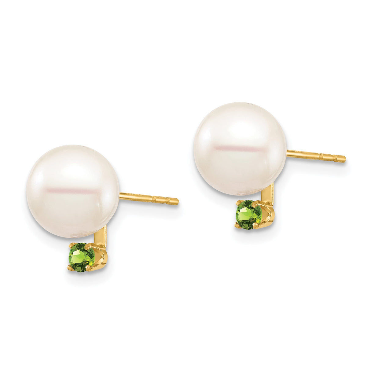 14k Yellow Gold Stud Earrings with White Cultured Pearls and Peridot Accents