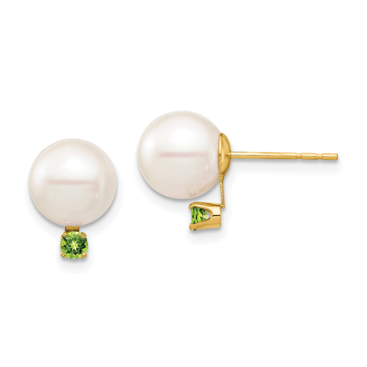 14k Yellow Gold Stud Earrings with White Cultured Pearls and Peridot Accents
