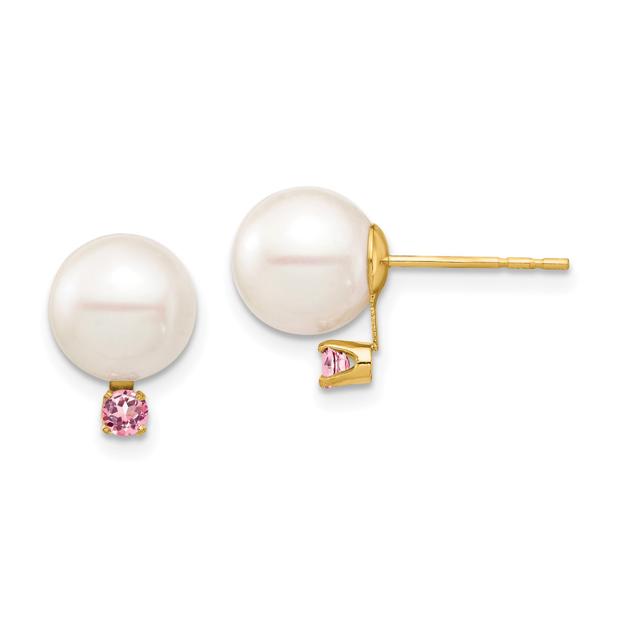 14k Yellow Gold Stud Earrings with White Pearls and Pink Topaz, Classic Feminine Design