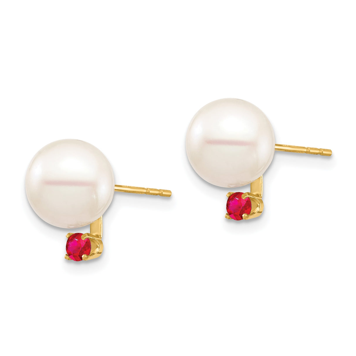 14k Yellow Gold Stud Earrings with Round White Pearls and Ruby Accents