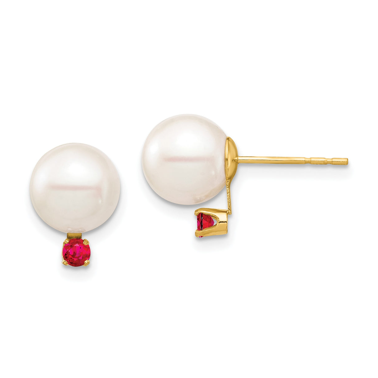 14k Yellow Gold Stud Earrings with Round White Pearls and Ruby Accents