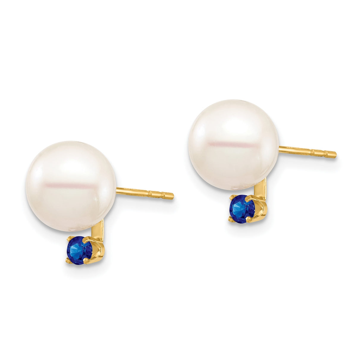 14k Yellow Gold Stud Earrings with White Cultured Pearls and Blue Sapphire Accents