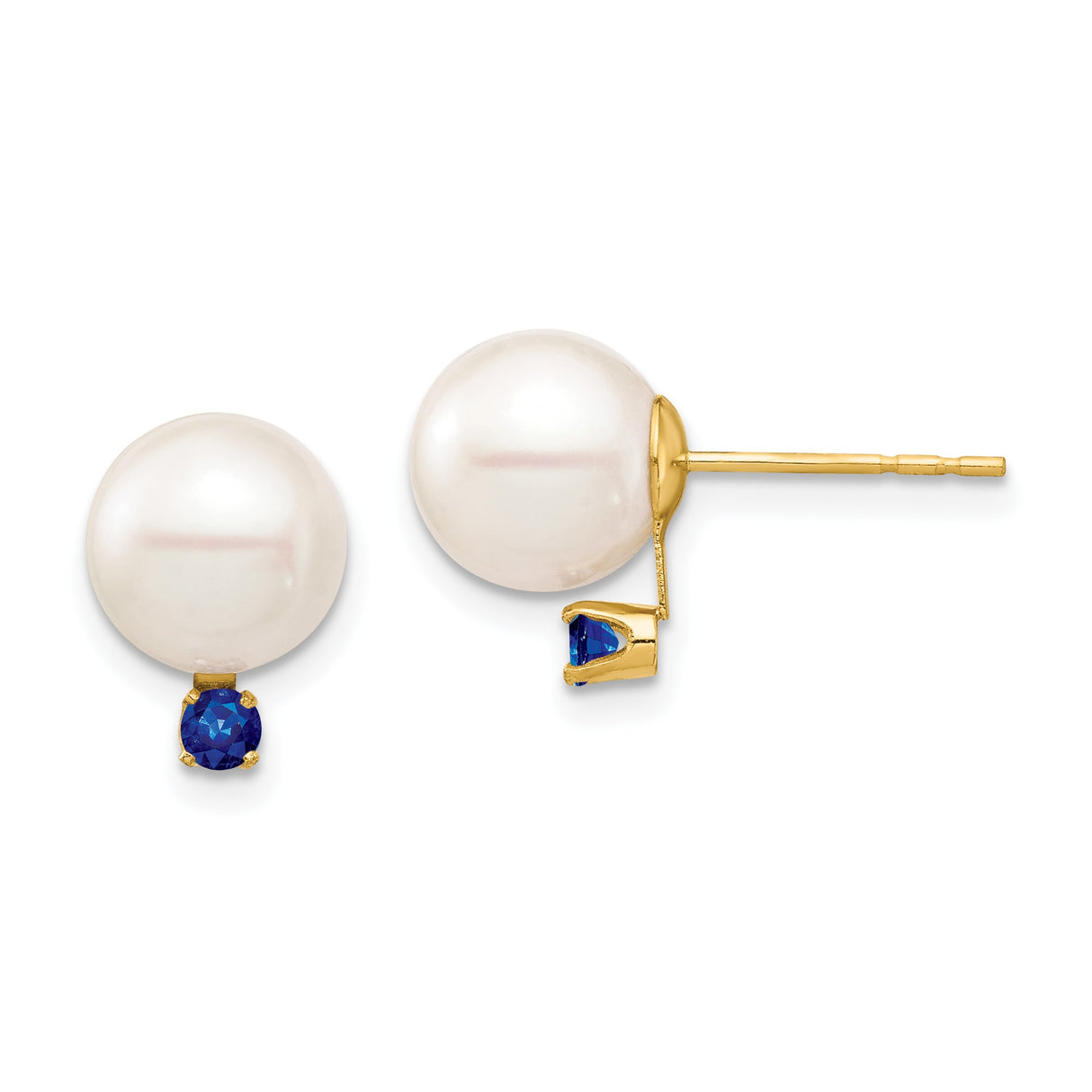 14k Yellow Gold Stud Earrings with White Cultured Pearls and Blue Sapphire Accents