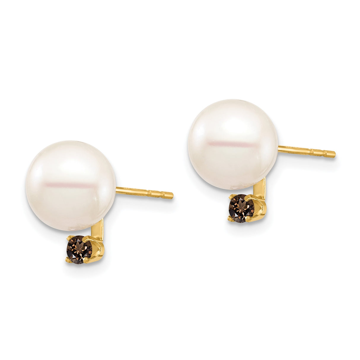14k Yellow Gold Stud Earrings with Round White Cultured Pearls and Smoky Quartz Accent