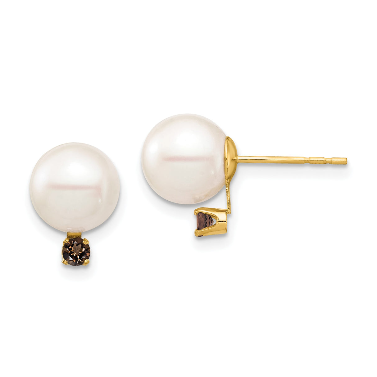 14k Yellow Gold Stud Earrings with Round White Cultured Pearls and Smoky Quartz Accent