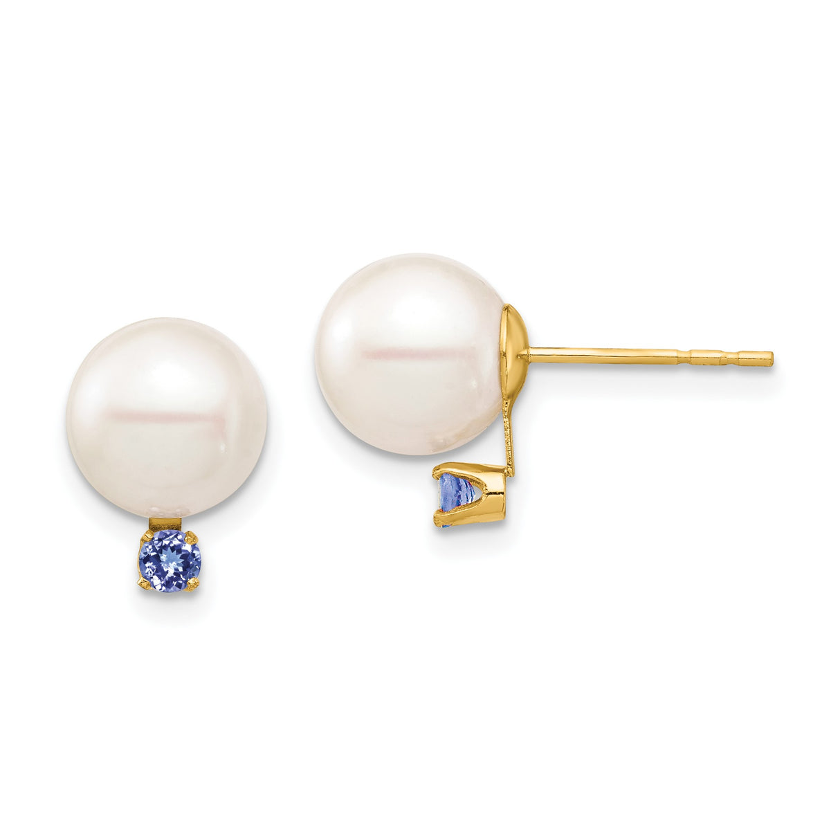 14k Yellow Gold Stud Earrings with Round White Cultured Pearls and Tanzanite Accents