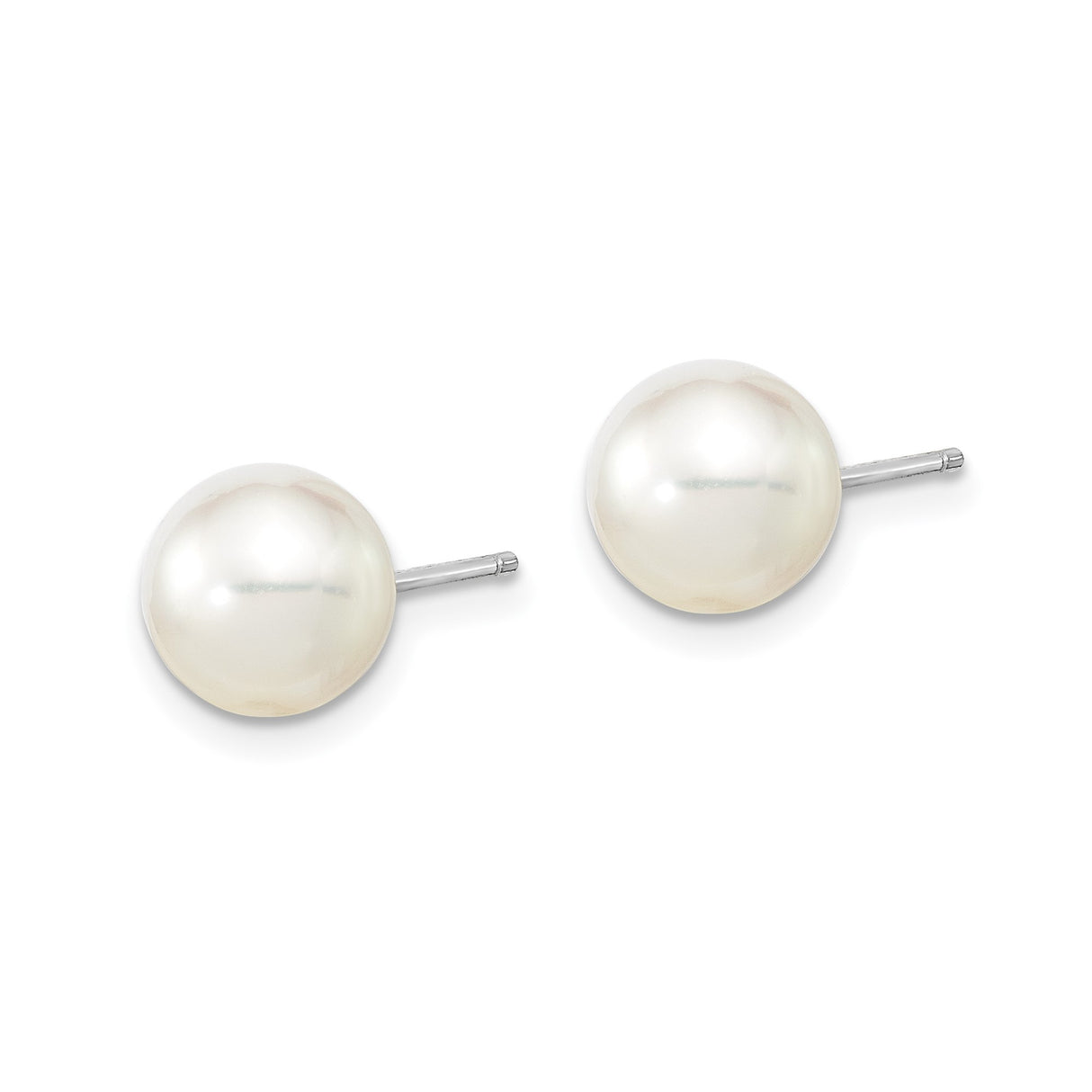 14k White Gold Stud Earrings with Round White Cultured Pearls, Classic Minimal Design