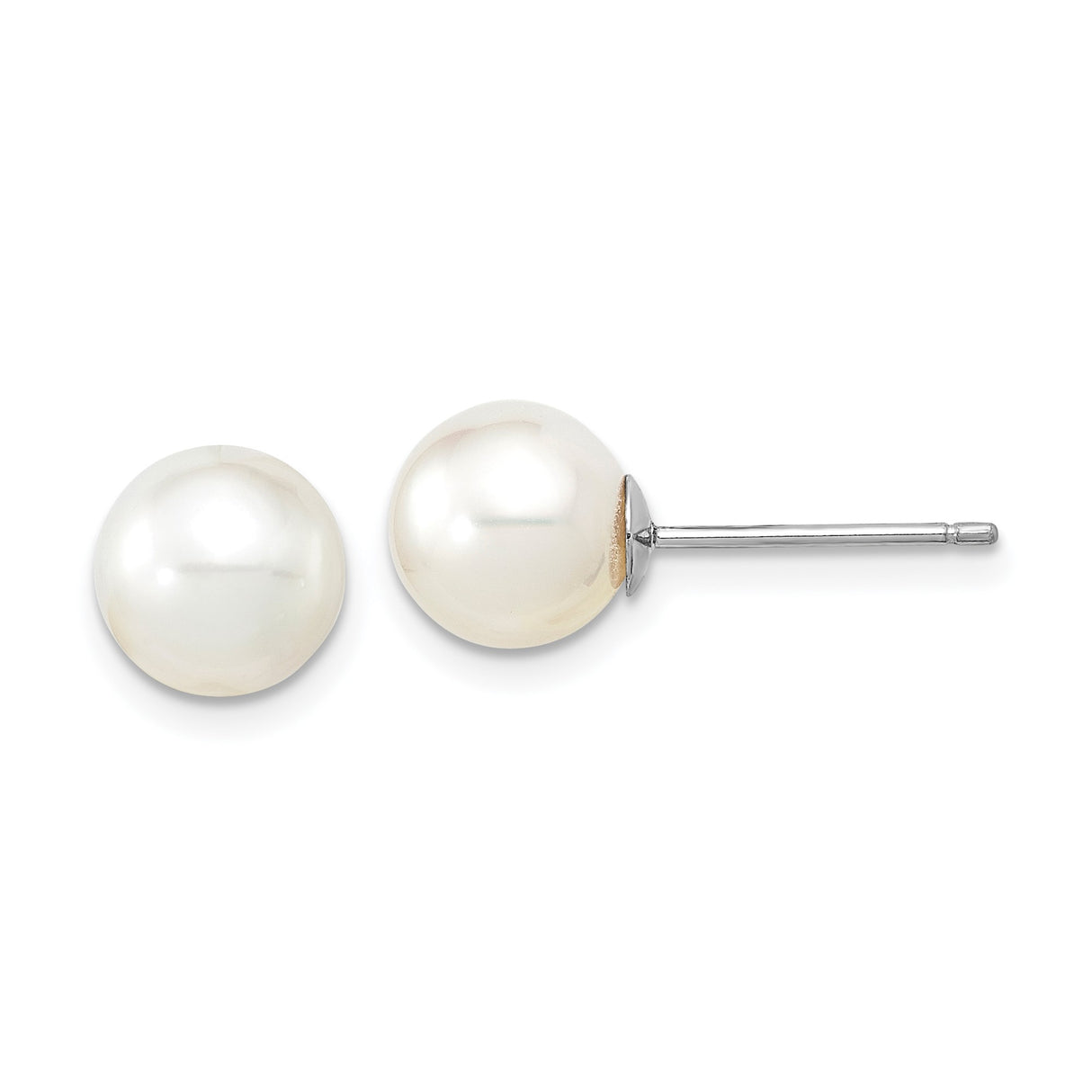14k White Gold Stud Earrings with Round White Cultured Pearls, Classic Minimal Design