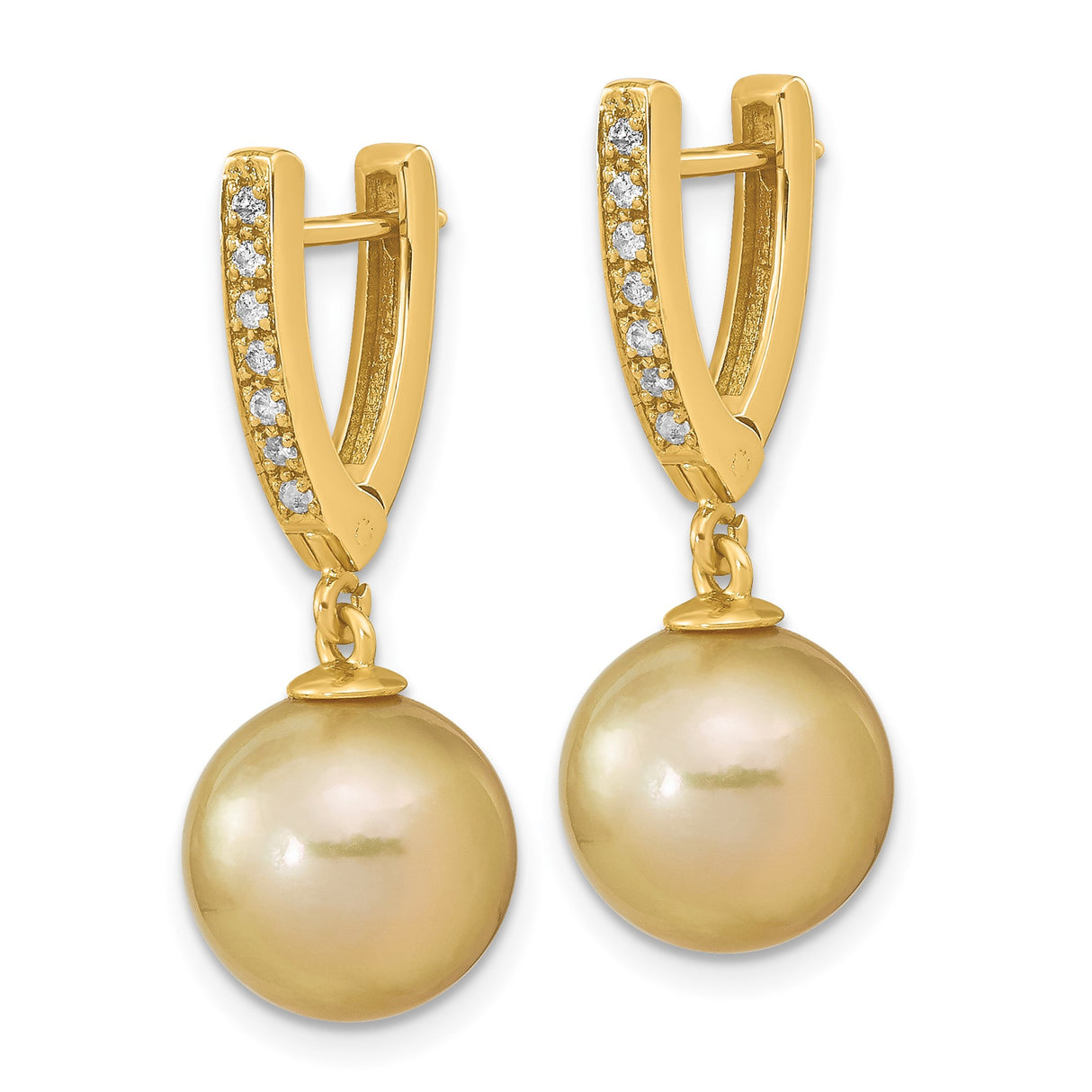 14k Yellow Gold Dangle Earrings with Golden South Sea Pearls and Diamond Huggie Hoops