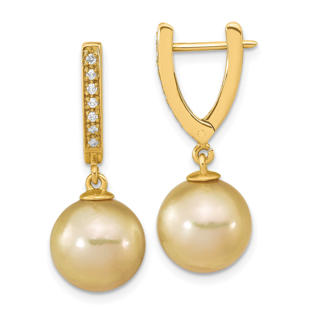 14k Yellow Gold Dangle Earrings with Golden South Sea Pearls and Diamond Huggie Hoops