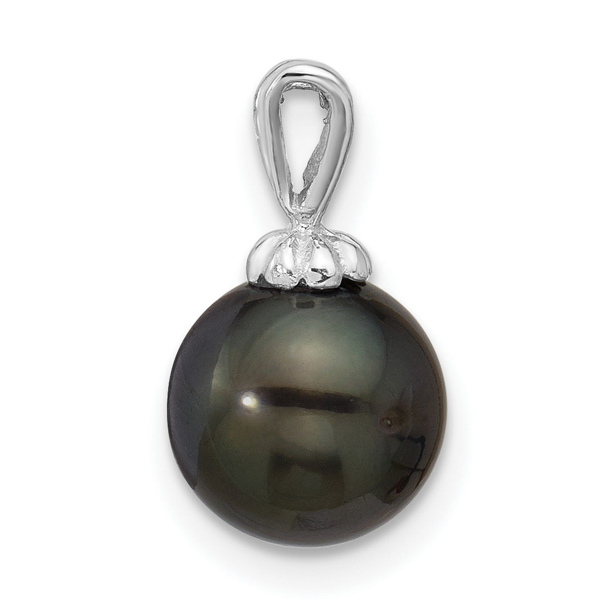 8-9mm Round Black Saltwater Tahitian Pearl Charm Pendant in Real 14k White Gold