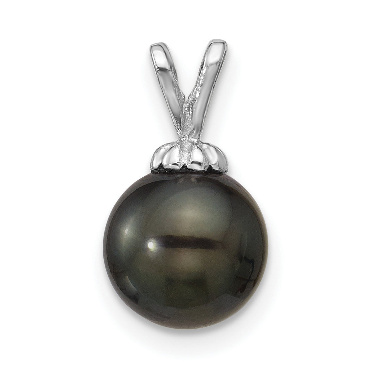 8-9mm Round Black Saltwater Tahitian Pearl Charm Pendant in Real 14k White Gold