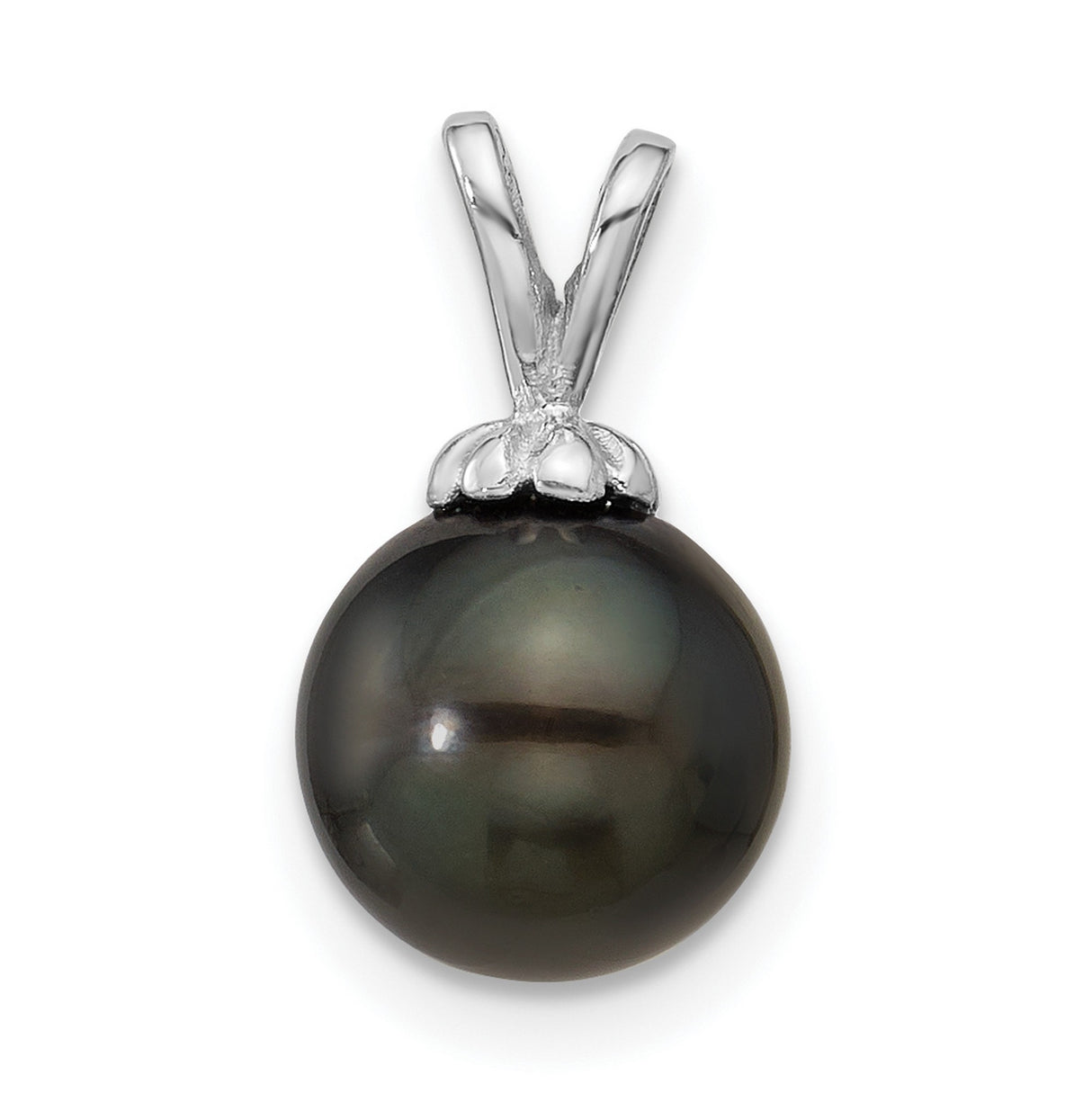 8-9mm Round Black Saltwater Tahitian Pearl Charm Pendant in Real 14k White Gold