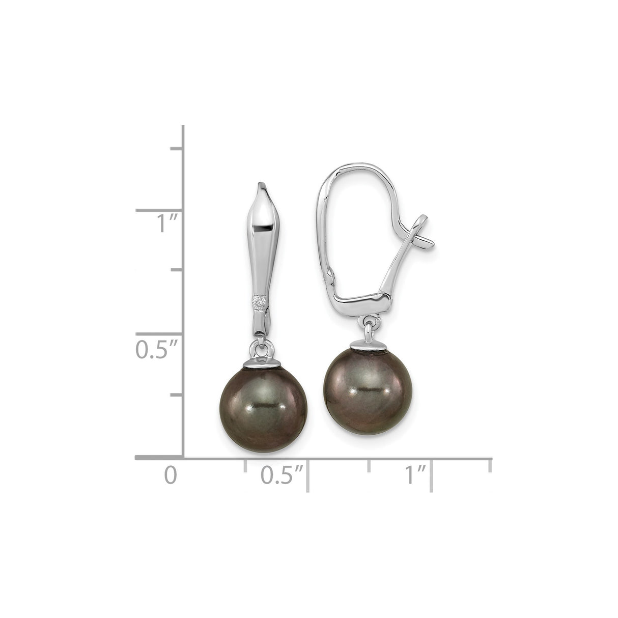 14k White Gold Leverback Earrings with Black Tahitian Pearl and Diamond Accent