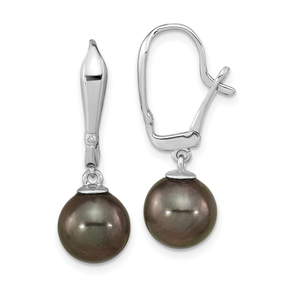 14k White Gold Leverback Earrings with Black Tahitian Pearl and Diamond Accent