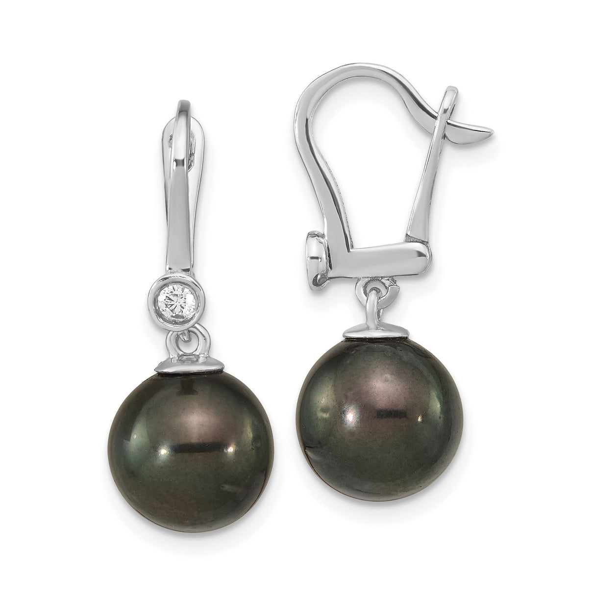 14k White Gold Dangle Earrings with Dark Tahitian Pearls and Diamond Accents
