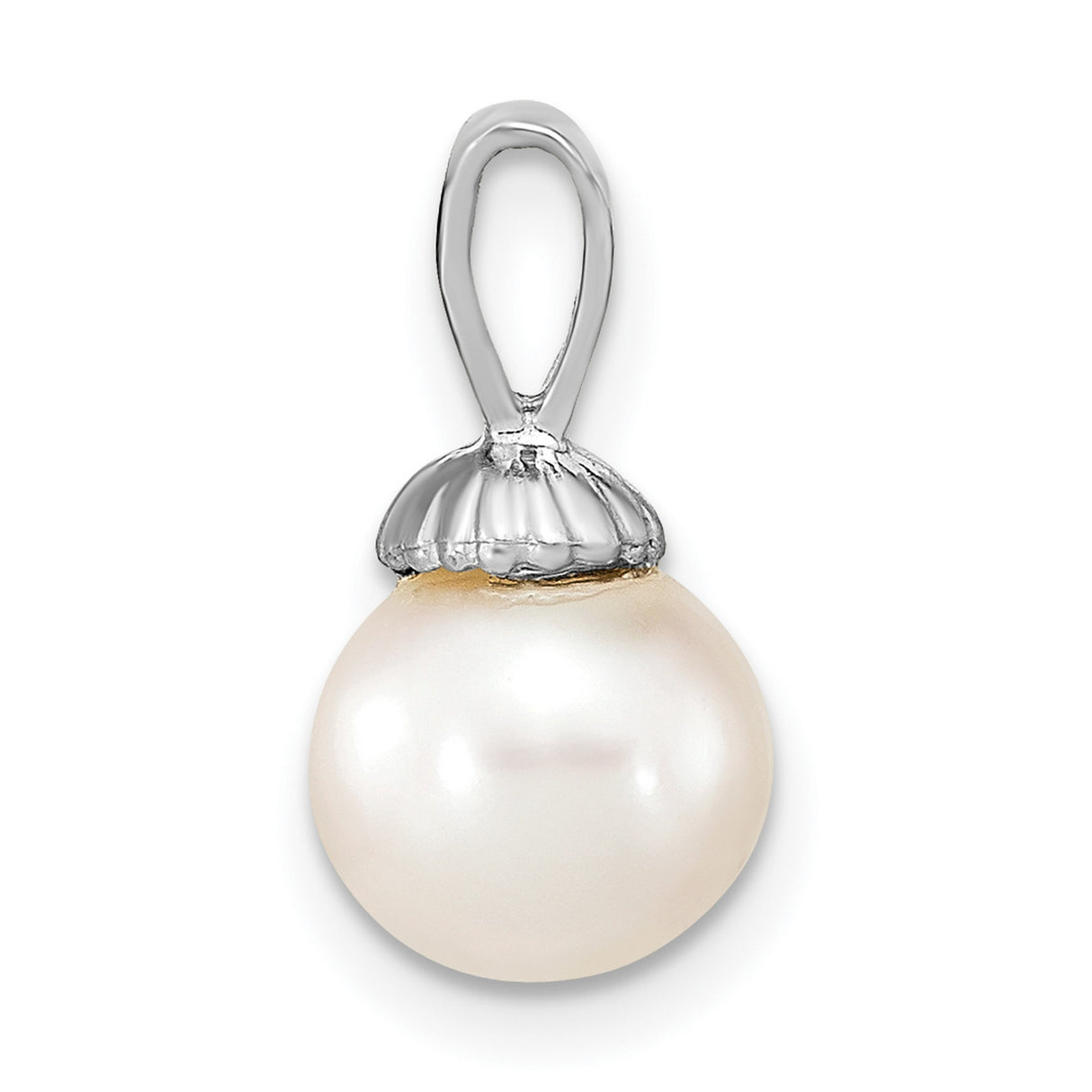 14k White Gold Pendant with Cultured Round Pearl, Scalloped Cap Design