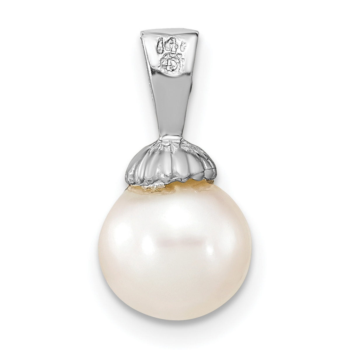 14k White Gold Pendant with Cultured Round Pearl, Scalloped Cap Design