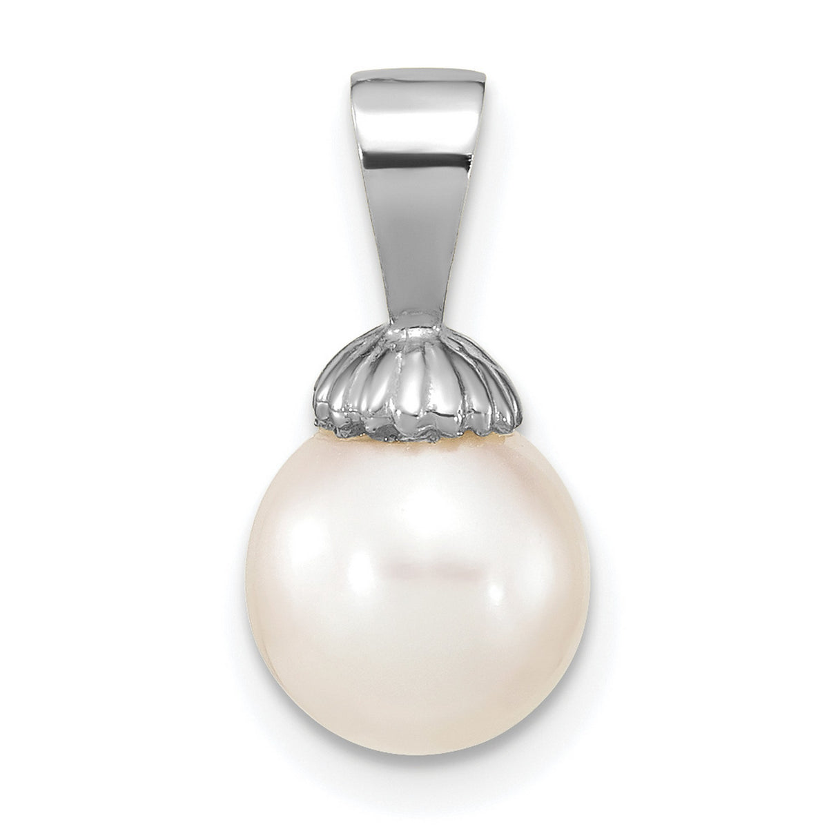 14k White Gold Pendant with Cultured Round Pearl, Scalloped Cap Design