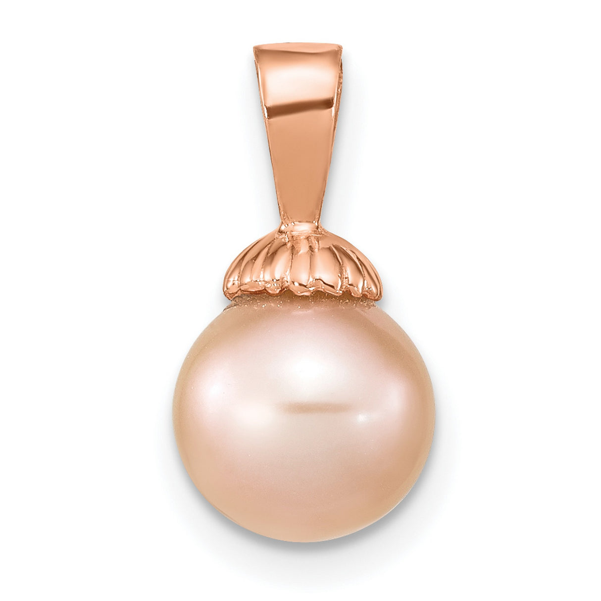 14k Rose Gold Pendant with Cultured Pearl, Scalloped Cap Design, Minimalist Bridal Style