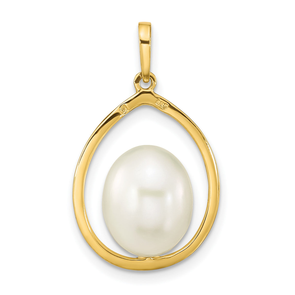 14k Yellow Gold Teardrop Pendant with Oval White Pearl, Open Drop Design for Women