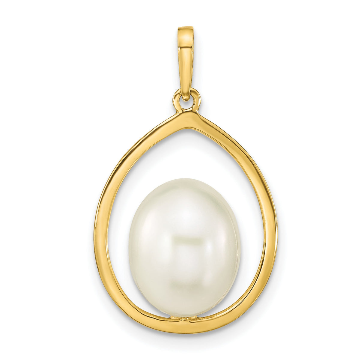 14k Yellow Gold Teardrop Pendant with Oval White Pearl, Open Drop Design for Women