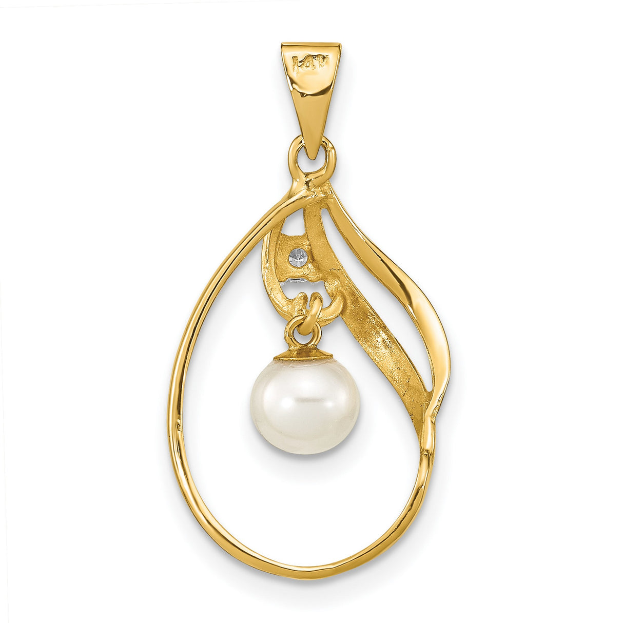 14k Yellow Gold Pendant with White Pearl and Diamond Accent, Open Teardrop Design for Women