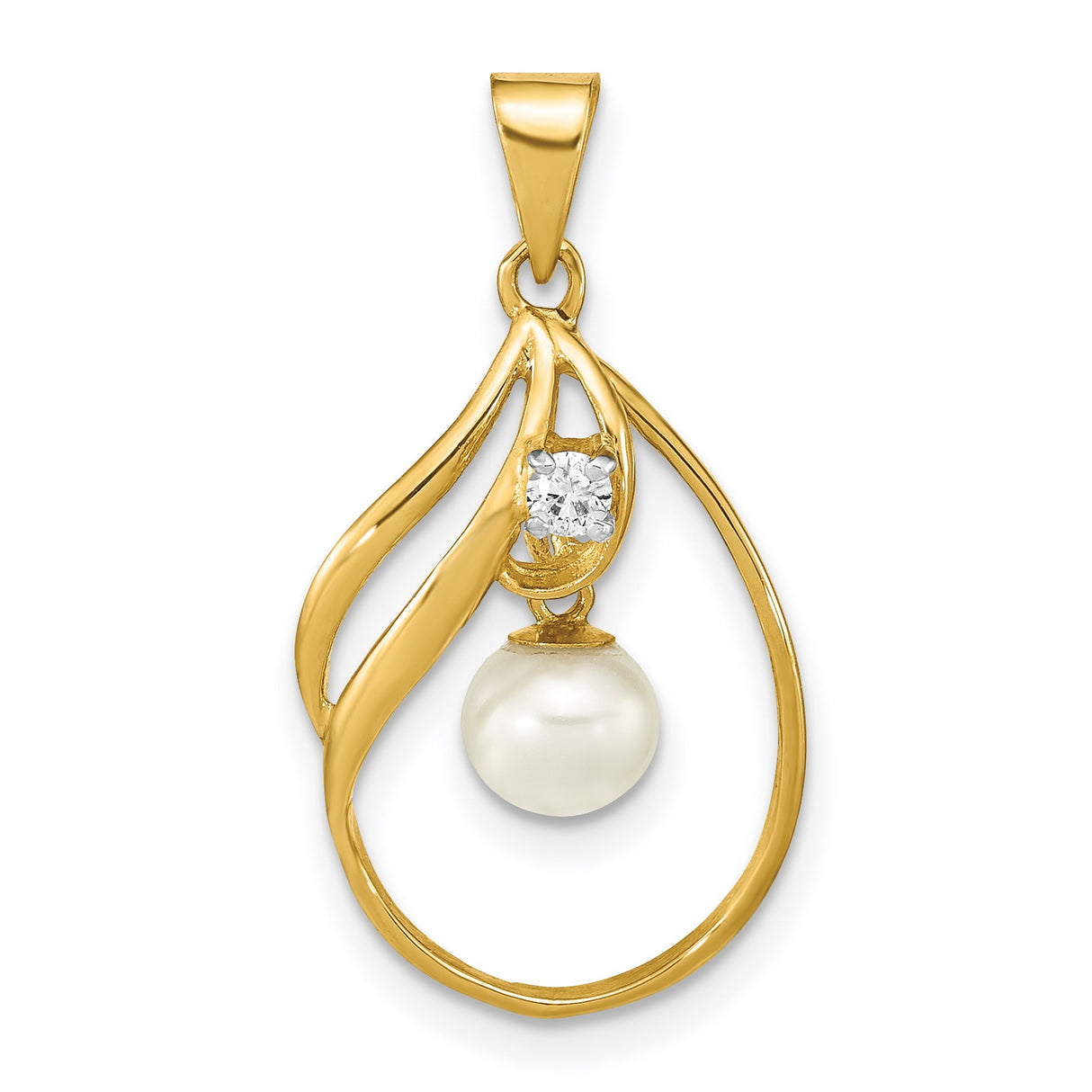 14k Yellow Gold Pendant with White Pearl and Diamond Accent, Open Teardrop Design for Women