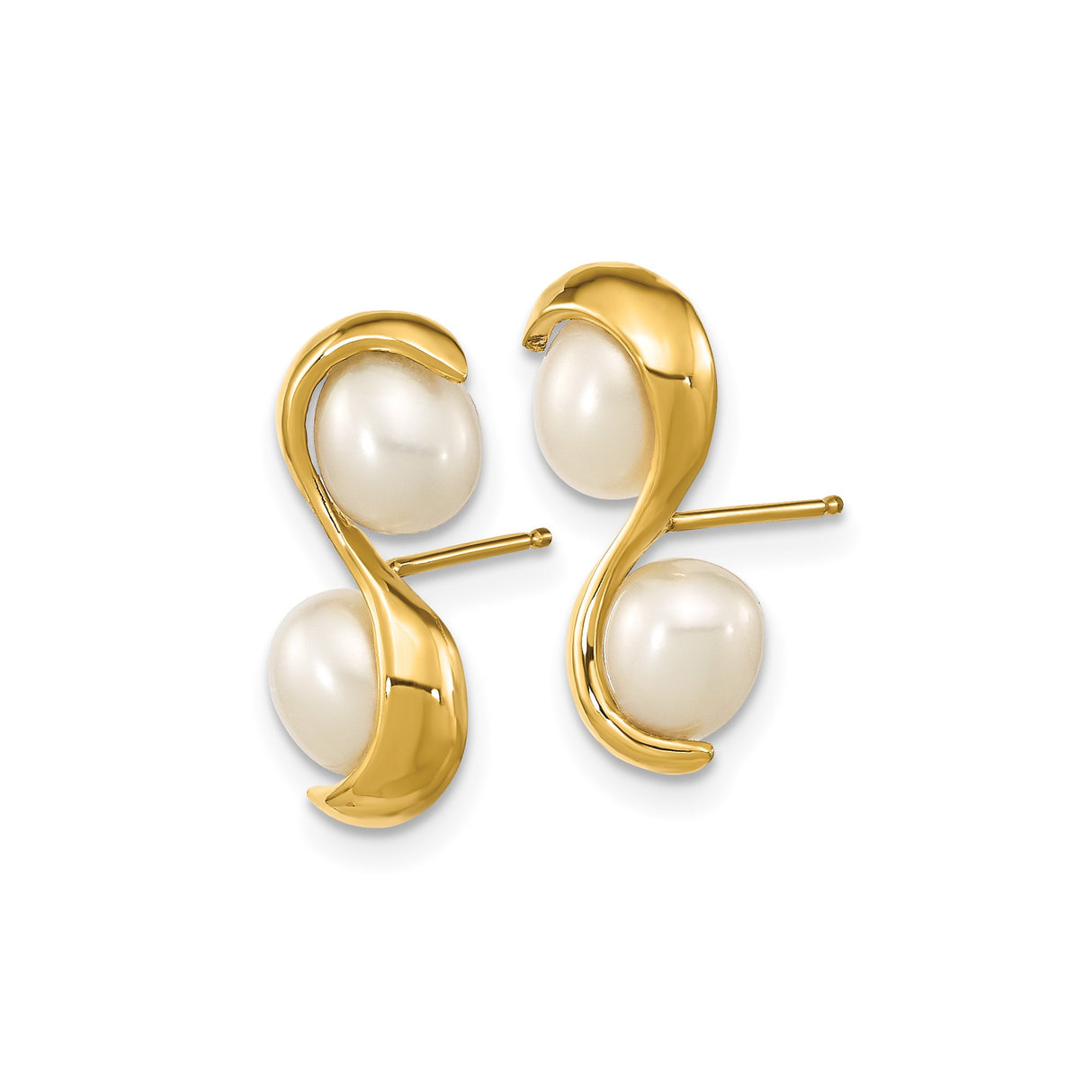 14k Yellow Gold Pearl Stud Earrings with White Cultured Pearls, Modern Curved Design