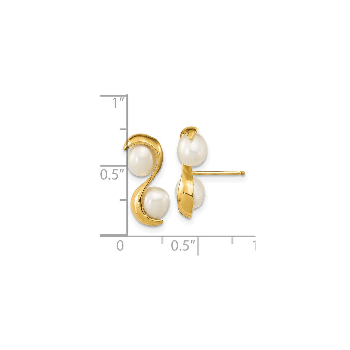 14k Yellow Gold Pearl Stud Earrings with White Cultured Pearls, Modern Curved Design