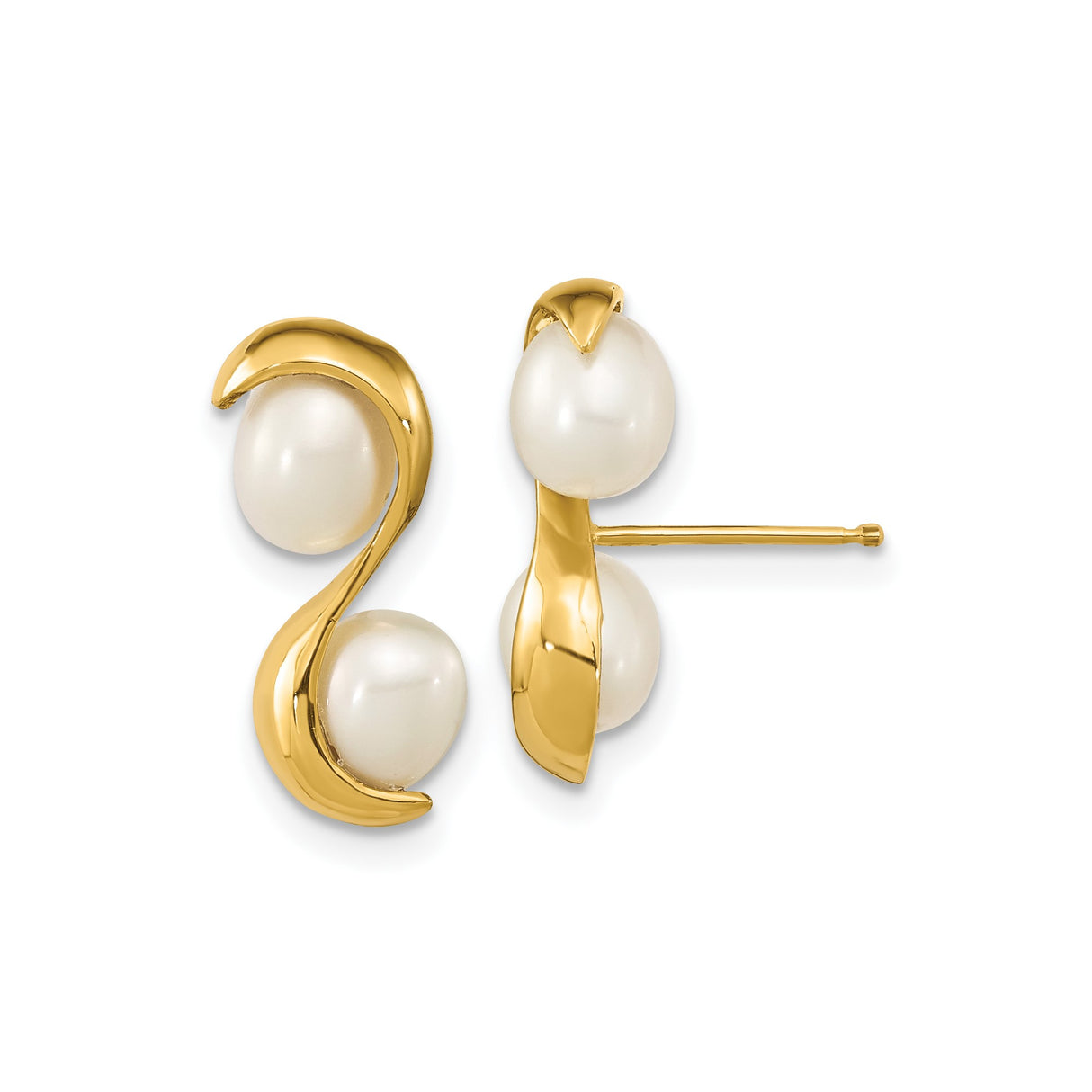 14k Yellow Gold Pearl Stud Earrings with White Cultured Pearls, Modern Curved Design