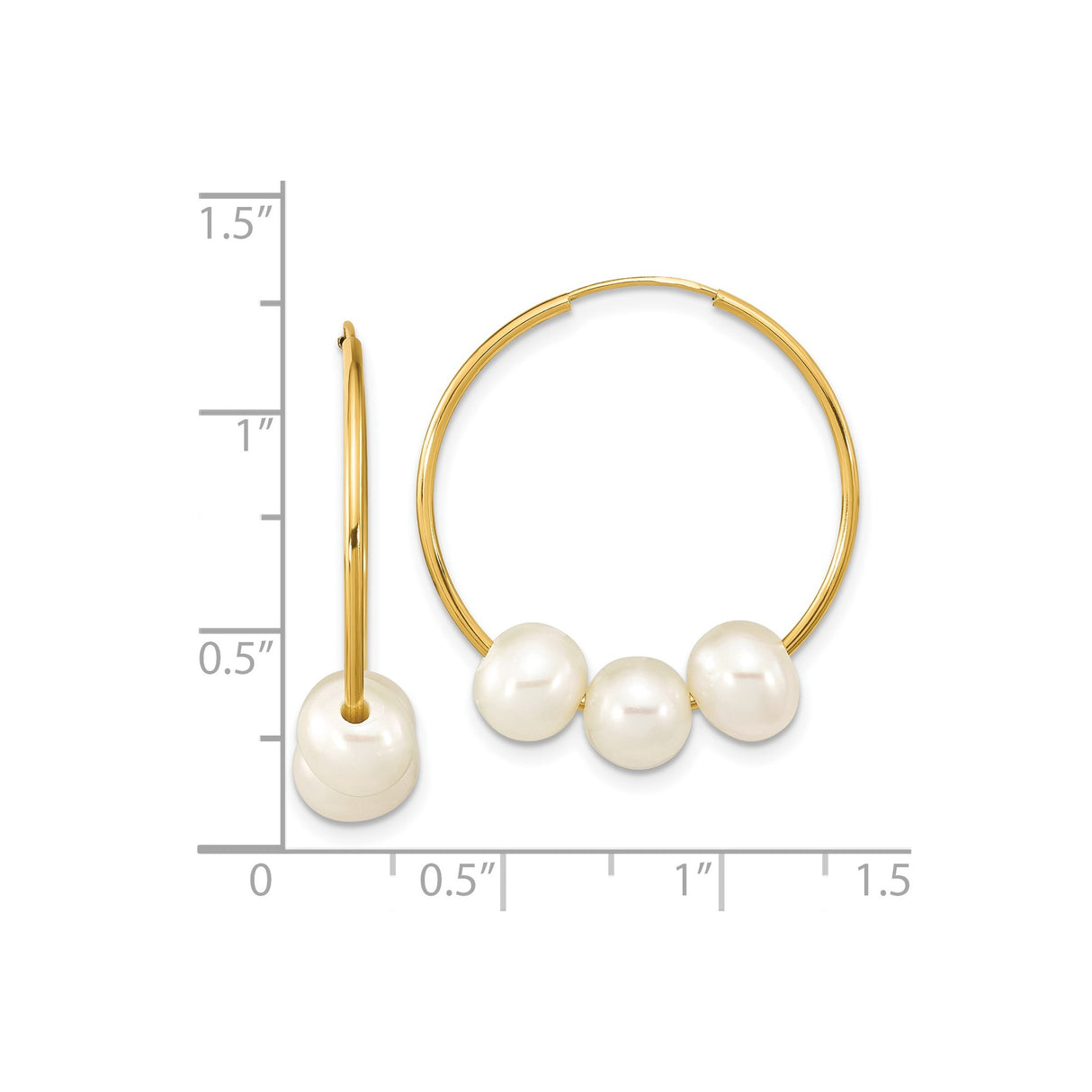 14k Yellow Gold Hoop Earrings with White Cultured Pearls, Classic Dangle Design for Women