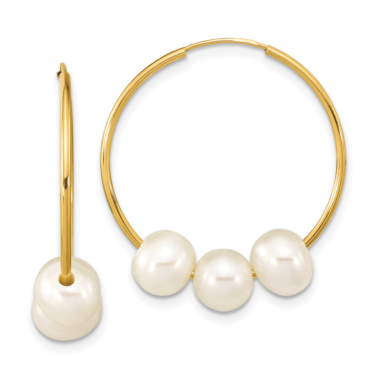 14k Yellow Gold Hoop Earrings with White Cultured Pearls, Classic Dangle Design for Women