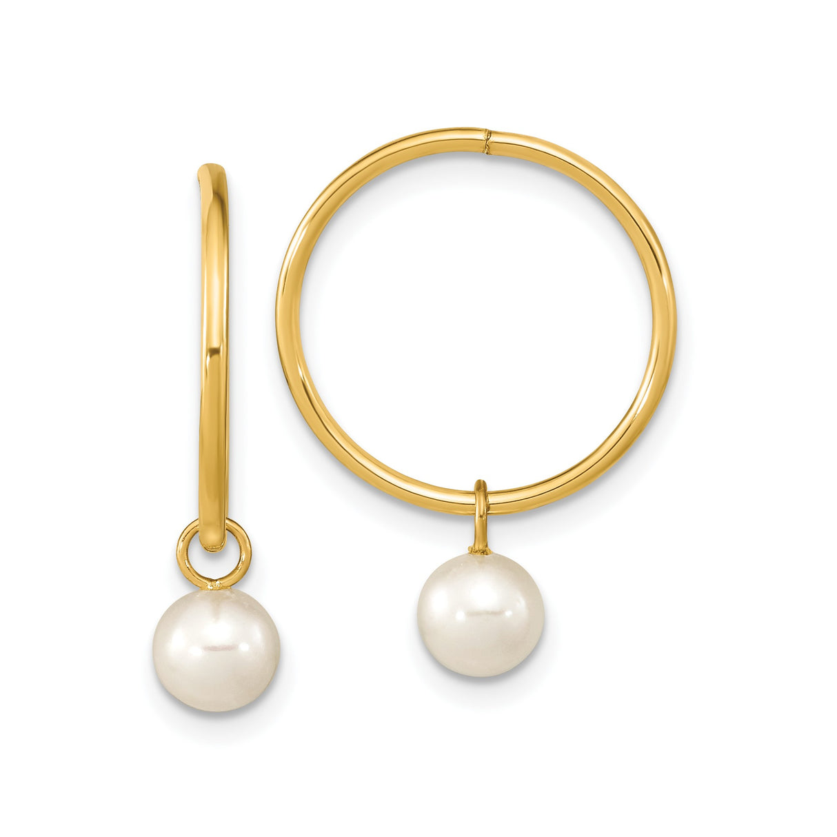 14k Yellow Gold Hoop Earrings with Cultured Freshwater Pearl Drops, Minimalist Design
