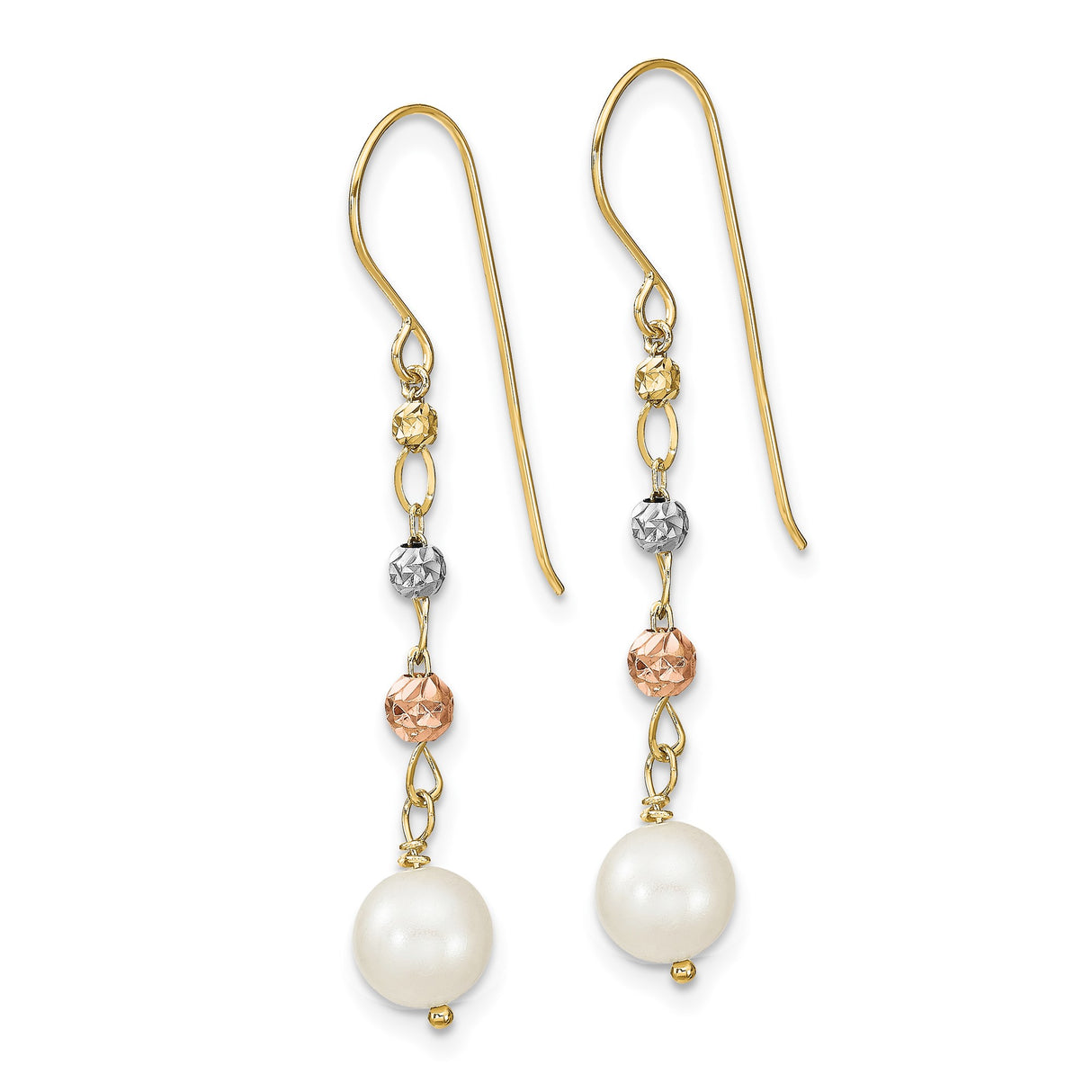 14k Two-Tone Gold Drop Earrings with Cultured Pearl and Diamond Cut Beads