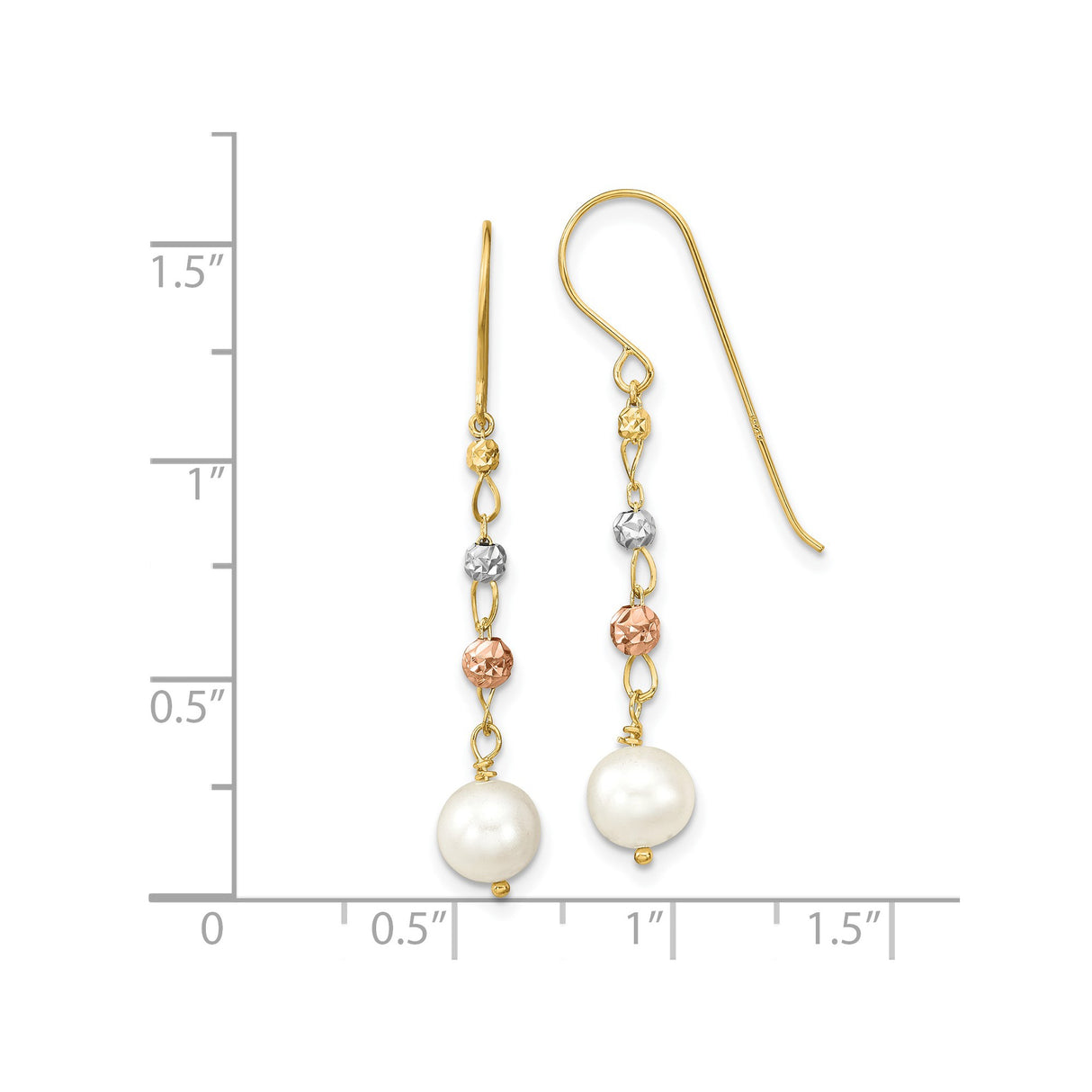 14k Two-Tone Gold Drop Earrings with Cultured Pearl and Diamond Cut Beads