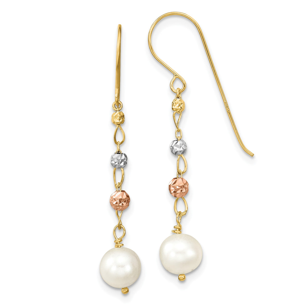 14k Two-Tone Gold Drop Earrings with Cultured Pearl and Diamond Cut Beads
