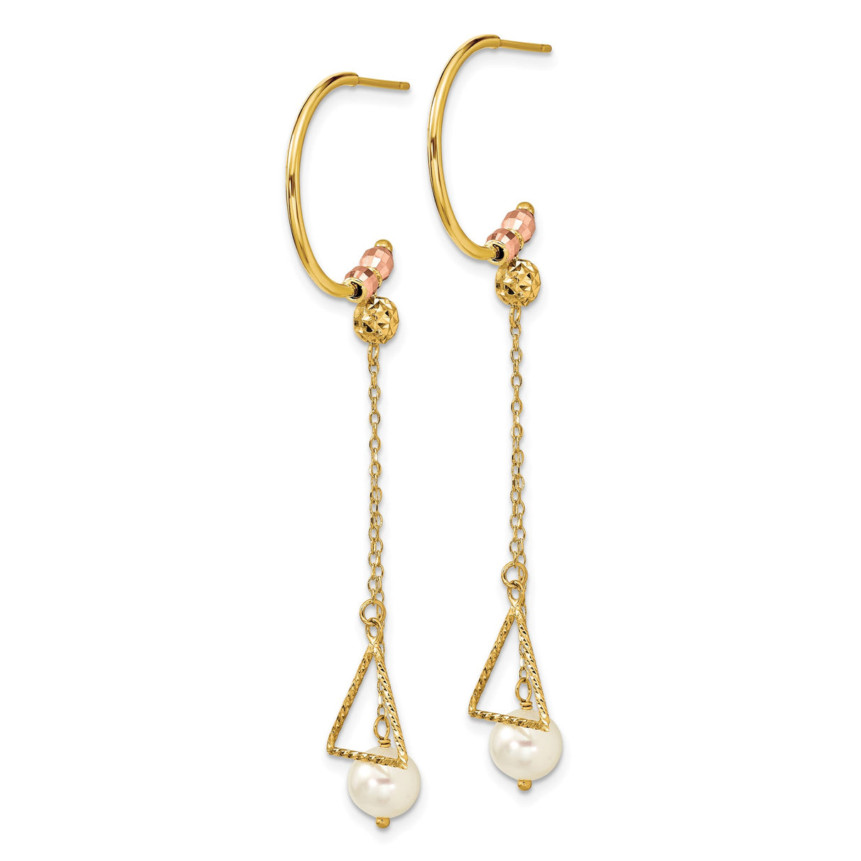 14k Yellow Gold Drop Earrings with White Pearl, Asymmetrical Geometric Design, Textured Beads