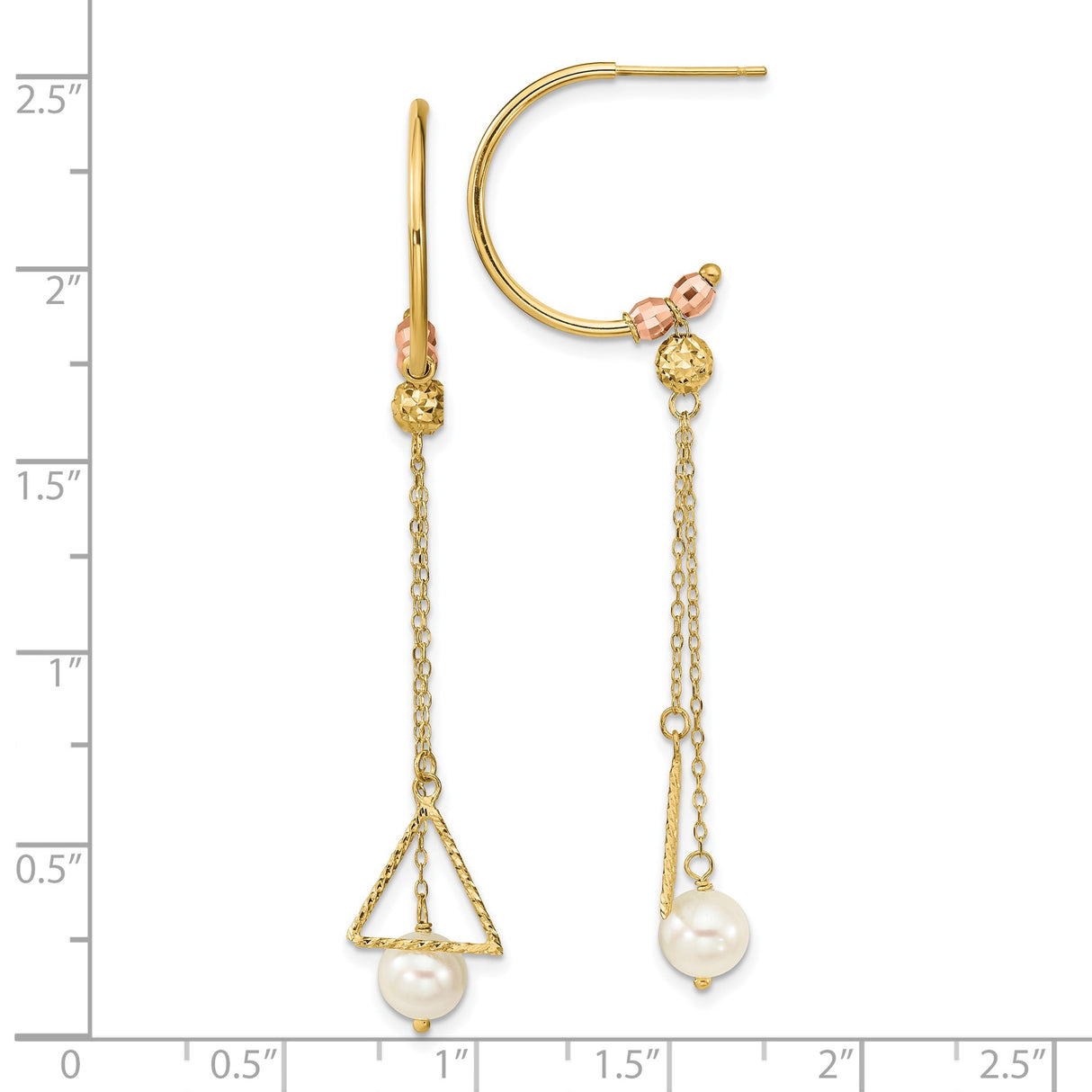 14k Yellow Gold Drop Earrings with White Pearl, Asymmetrical Geometric Design, Textured Beads