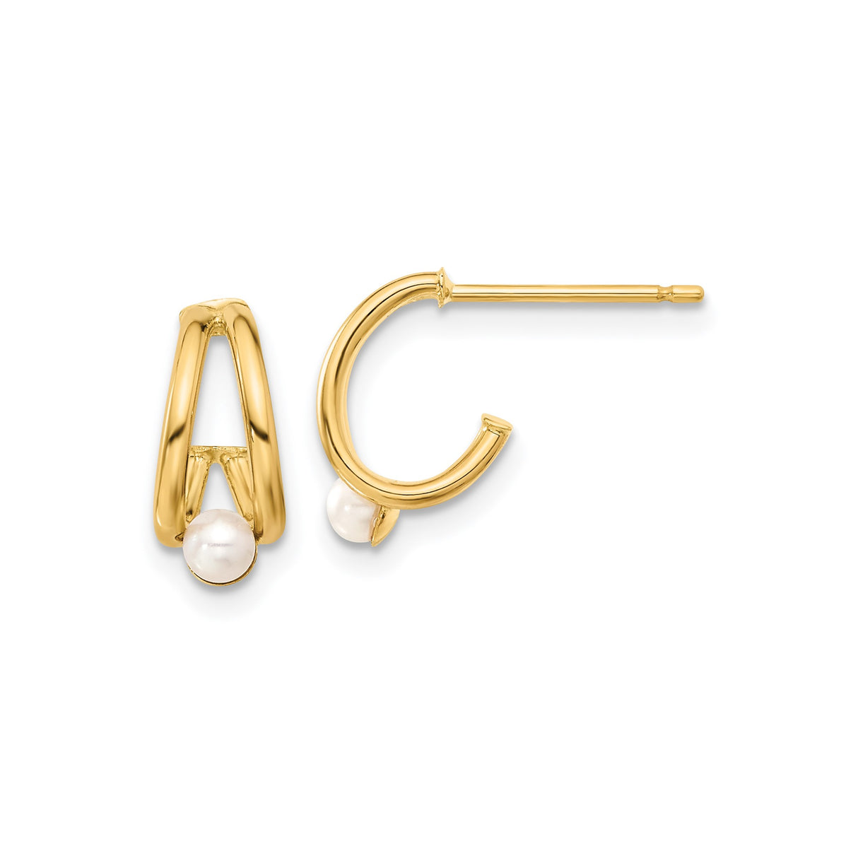 14k Yellow Gold Hoop Earrings with White Pearl Drops, Modern Open Design