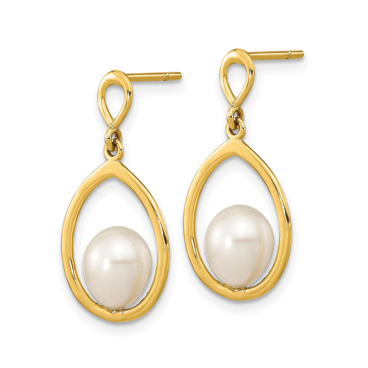 14k Yellow Gold Dangle Earrings with White Freshwater Pearls, Open Teardrop Design