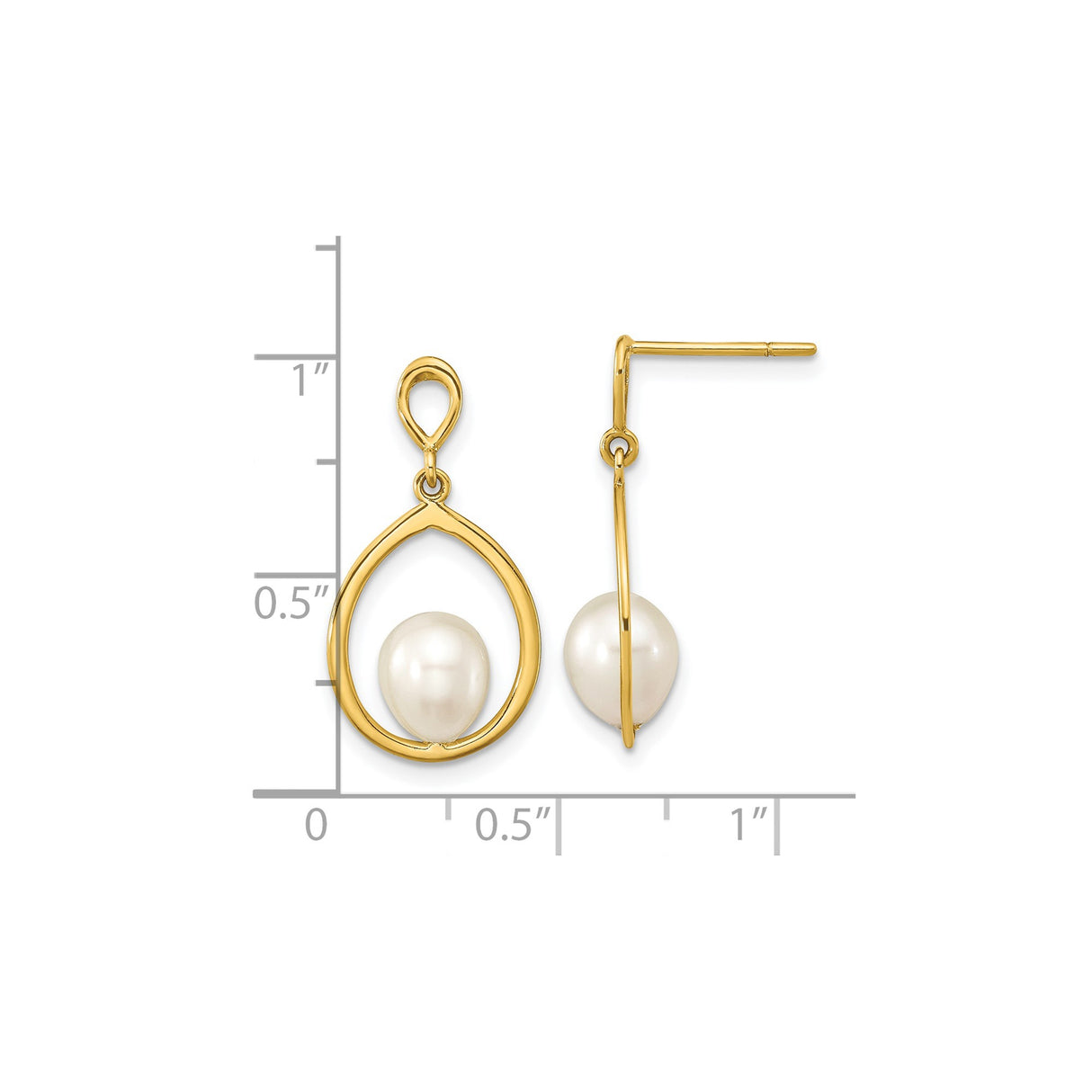 14k Yellow Gold Dangle Earrings with White Freshwater Pearls, Open Teardrop Design