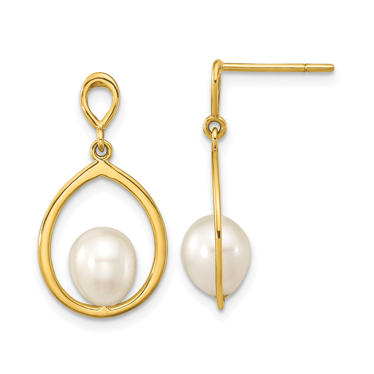 14k Yellow Gold Dangle Earrings with White Freshwater Pearls, Open Teardrop Design