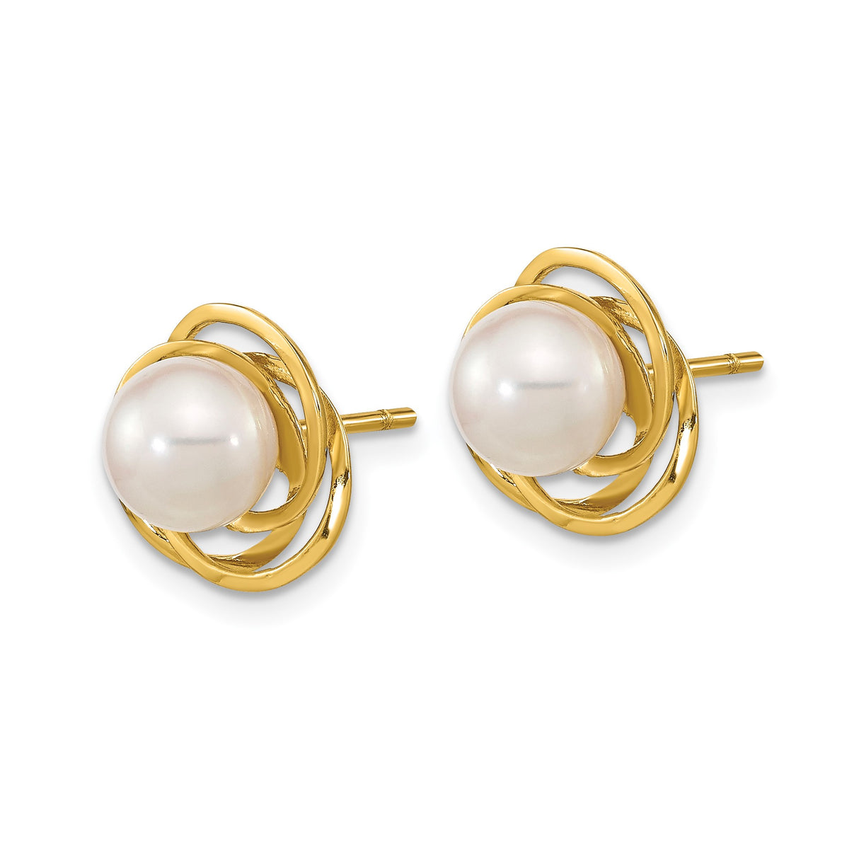 14k Yellow Gold Pearl Stud Earrings with Round White Akoya Pearls, Classic Swirl Design